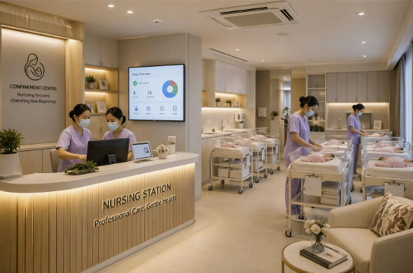 Modern confinement centre nursery design in Malaysia with professional nursing station