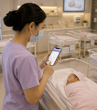 Nurse using MommyCare+ app for newborn baby tracking in confinement centre 