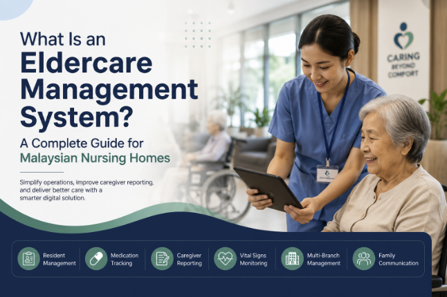 Caregiver using eldercare management system in Malaysian nursing home